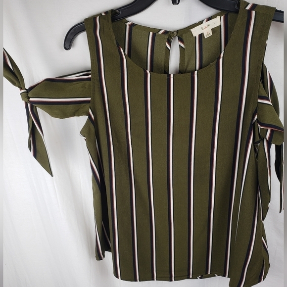 E M Green Blue Striped w/Tie Strap Sleeveless Shirt Sz S - Picture 2 of 8